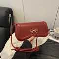 Dark red leather mini square crossbody bag with elegant gold bow metal buckle detail - Red