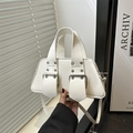 Minimalist white leather handbag with dual straps and silver buckles for multi-way carry - White