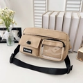 Borsa a tracolla minimalista in nylon beige con tasca trasparente e cinturino - Cachi