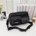 Versatile black nylon crossbody bag with fashion label and transparent PVC pocket - Black