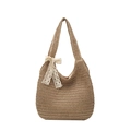 Borsa tote intrecciata retrò con grande capacità e fiocco in pizzo bianco per l'estate - Con Decorazione Fiocco di Pizzo / Cachi