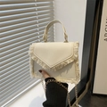 Mini borsa a tracolla crema con frange, manico superiore e catena dorata - Bianco