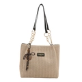 Bolso tipo saco de paja tejida beige con asas de cadena dorada y lazo de cuadros - Estilo Con Colgante / Negro