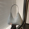 Minimalist grey glossy leather crescent underarm bag with debossed fashion text detail - Blue