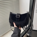 Borsa a tracolla vintage in pelle scamosciata nera con frange e fibbia argento - Nero