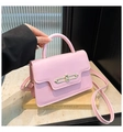 Close-up of pink leather handbag featuring a decorative gold metallic bar lock and texture - Pink