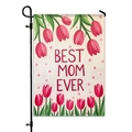 Garden flag featuring Best Mom Ever pink tulip design on linen fabric with metal pole - Pink Tulip Floral (HYQ23-1)