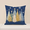 Navy blue linen Christmas pillow cover with golden snowflake and tree patterns - 45x45cm(Case Only) / Christmas Tree Style (XP019-1)