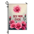 Outdoor linen garden flag featuring pink carnations and Best Mom Ever slogan on a metal stand - Pink Carnation Pattern (HYQ23-4)