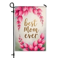 Bandiera da giardino per festa della mamma in lino con tulipani rosa e supporto in metallo - Tulipano con Scritta Dorata (HYQ23-5)