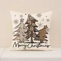 Federa natalizia in lino con tre alberi e scritta Merry Christmas su fondo beige - Motivo Albero di Natale (XP021-1) / 45x45cm(Solo Fodera)