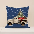 Navy blue linen Christmas pillow case with vintage white truck and holiday tree - 45x45cm(Case Only) / Retro Truck Style (XP019-4)