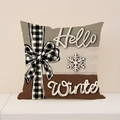Kussensloop van linnen voor Kerst met ruitjesstrik en Hello Winter print - Hello Winter Patroon (XP021-2) / 45x45cm(Alleen Hoes)