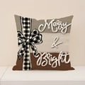Linnen kerst kussensloop met Merry & Bright print en een geruite strik design - Merry & Bright Patroon (XP021-3) / 45x45cm(Alleen Hoes)