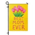 Bandiera da giardino per la festa della mamma in lino giallo con tulipani e scritta Best Mom - Tulipano Rosa su Giallo Brillante (HYQ23-8)