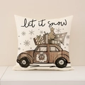 Fodera per cuscino natalizia in lino con auto retrò, albero e scritta Let It Snow - Motivo Auto Retrò (XP021-4) / 45x45cm(Solo Fodera)
