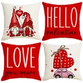 Set of four Valentine's Day gnome print throw pillow covers in red and cream cotton linen - Festive Gnome Balloon Style (VP008) / 45x45cm