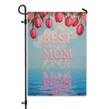 Bandiera da giardino Best Mom Ever in lino con tulipani rosa e supporto in metallo - Tulipano Rosa Cielo Blu (HYQ23-11)