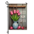 Bandiera da giardino bifacciale con tulipani rosa e testo Best Mom Ever per la Festa - Vaso di Tulipani con Venature del Legno (HYQ23-12)