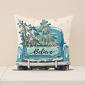 Funda de cojín navideño de lino con camión vintage azul y texto festivo de Believe - Estilo Camión de Navidad Believe (XP022-4)