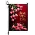 Bandiera da giardino bifacciale con tulipani rosa e scritta Best Mom Ever su lino rosso - Tulipano su Sfondo Rosso Intenso (HYQ23-19)