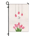 Bandiera da giardino in lino bifacciale con tulipani rosa e testo BEST Mom EVER su asta nera - Tulipano Pendente Beige (HYQ23-22)