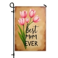 Bandiera da giardino con testo Best Mom EVER e tulipani rosa su lino marrone e asta in metallo - Tulipano Marrone Vintage (HYQ23-25)