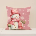 Roze kerstkussenhoes met sneeuwpop print en linnen textuur voor de woonkamer - Roze Sneeuwpop Stijl (XP035-1)