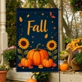 Double-sided linen Fall garden flag featuring pumpkins and sunflowers on a metal pole - Autumn Pumpkin Sunflower Style (FGF029)
