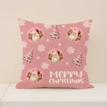 Roze kerstkussensloop met vintage prints van de kerstman en boom op linnen - 45x45cm(Alleen Hoes) / Xp035-3