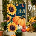 Fall garden flag with sunflowers, pumpkins and metal stand for autumn yard decoration - Fall Art Font Pumpkin Style (FGF030)