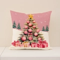 Roze kerstboom en cadeauprint linnen kussenhoes voor feestelijke decoratie - 45x45cm(Alleen Hoes) / Xp035-4