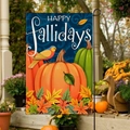 Blue Happy Fallidays garden flag featuring pumpkins and maple leaves on a wooden deck - Happy Fallidays Pumpkin Bird Style (FGF031)