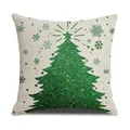 Vierkante kerstkussenhoes met groene glitter kerstboom en sneeuwvlokken op beige stof - Groene Glitters Kerstboom (YMA6-8) / 45x45cm(Alleen Hoes)