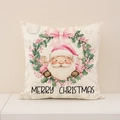 Rosa Weihnachtsmann Leinenkissen mit Beerenkranz und Merry Christmas Aufdruck - Weihnachtsmann-Stil (XP034-1)
