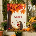 Autumn garden flag with hedgehog and WELCOME text on a rustic burlap fabric - Welcome Fall Hedgehog Style (FGF033)