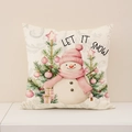 Rosa Aquarell-Schneemann-Kissenbezug mit Let It Snow Schriftzug und Leinen-Textur - Schneemann-Stil (XP034-2)