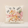 Rosa Weihnachts-Kissenbezug aus Leinen mit Rentier-Schlitten und Joy to the World-Aufdruck - Rentier-Stil (XP034-3)
