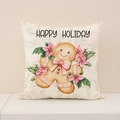 Rosa Lebkuchenmann Weihnachts-Kissenbezug mit Happy Holiday Text auf beigem Leinen - Lebkuchenmann-Stil (XP034-4)