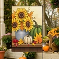 Double-sided linen garden flag with sunflowers and pumpkins in a rustic metal bucket - Autumn Pumpkin Bucket Sunflower Style (FGF036)