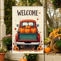 Welcome garden flag featuring vintage red truck and pumpkins for autumn harvest decor - Welcome Fall Red Truck Style (FGF037)