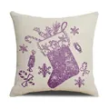 Kerst kussensloop met paarse glitter kerstsok en feestelijke geschenken op beige linnen stof - Paarse Glitters Kerstsok (YMA6-15) / 45x45cm(Alleen Hoes)