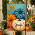 Vertical garden flag with grateful script and navy orange pumpkin harvest design - Grateful Pumpkin Wheat Ear Style (FGF038)