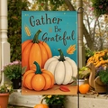 Linen garden flag with Gather & Be Grateful text and pumpkins for autumn decor - Gather Be Grateful Pumpkin Style (FGF039)