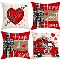 Set of four Valentine's Day pillow covers with red hearts and truck on beige linen fabric - Plaid Bow Heart Style (VP011) / 45x45cm