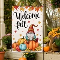 Bandiera da giardino Welcome Fall bifacciale con gnomo e zucca su tessuto di juta - Fgf003 / 30x45 Cm (senza Asta)