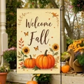 Double-sided Welcome Fall garden flag with pumpkin and sunflower designs on linen fabric - Welcome Fall Sunflower Pumpkin Butterfly Style (FGF041)