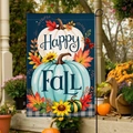 Double-sided Happy Fall garden flag with pumpkin and sunflower designs for autumn yard decor - Happy Fall Plaid Pumpkin Style (FGF042)