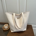 Retro cream white large tote bag with crocodile pattern and metal logo plate on wood table - White