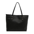 Bolso tote grande negro con textura trenzada, remaches dorados y asas de cuero - Negro